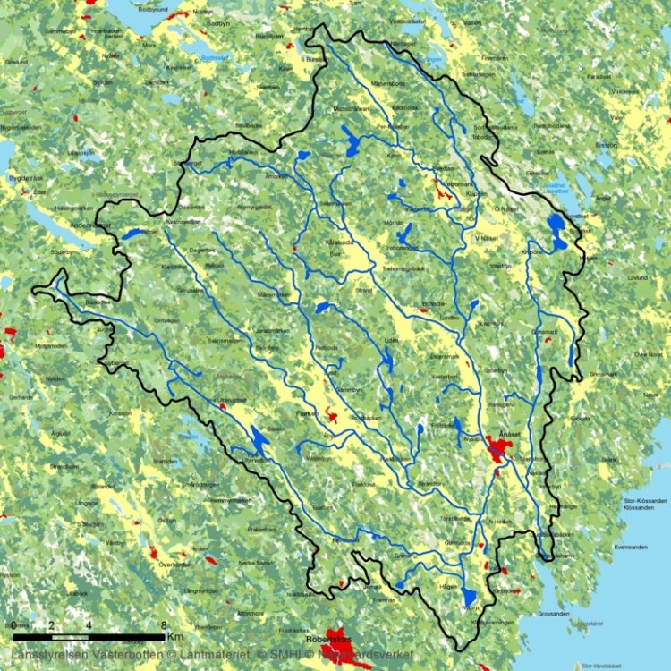 Karta över Hertsångerälvens avrinningsområde.